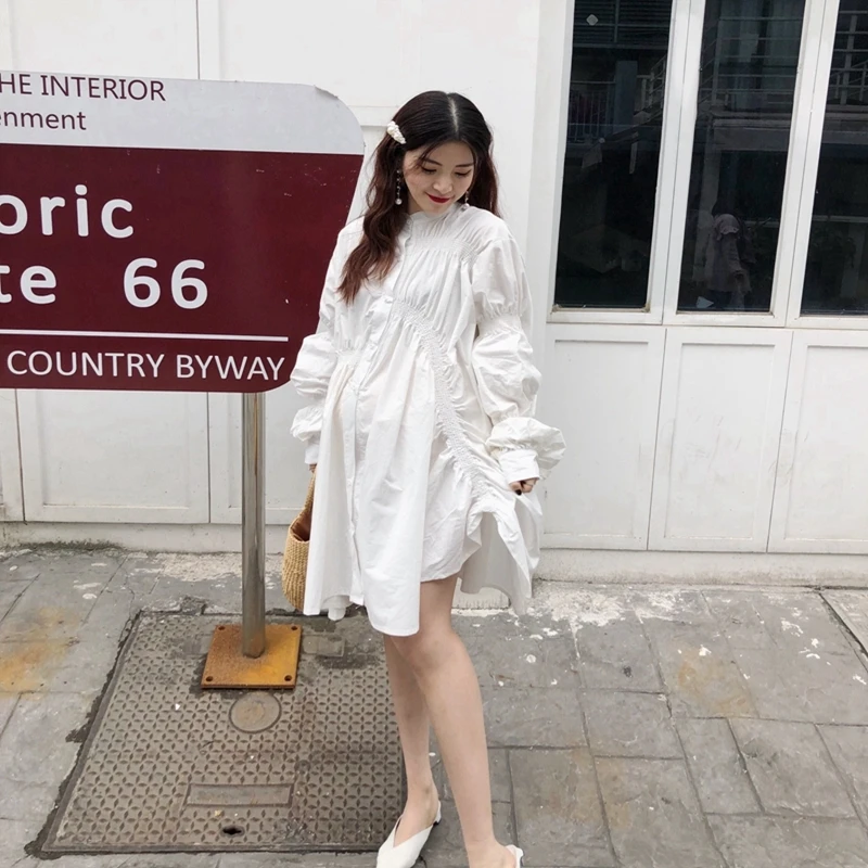 

[EWQ] 2019 Spring New Korean Patterns Long White Cotton Dress For Pregnant Women Breastfeeding MC18500
