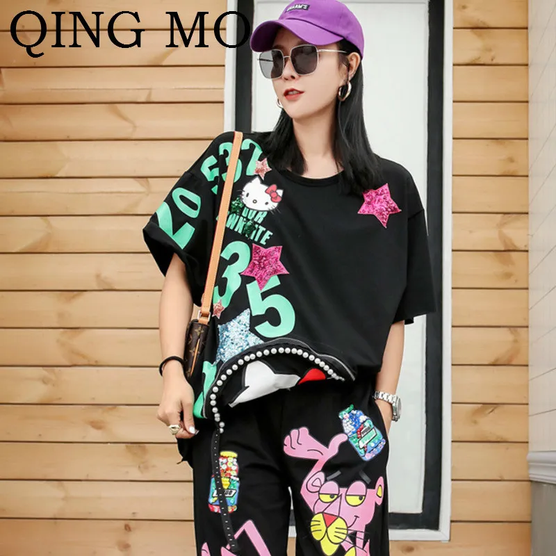 

QING MO Women Star Shape Sequin T Shirt Women Hello Kitty Printing T Shirt Lady Letter Printing T Shirt 2019 Summer ZQY098