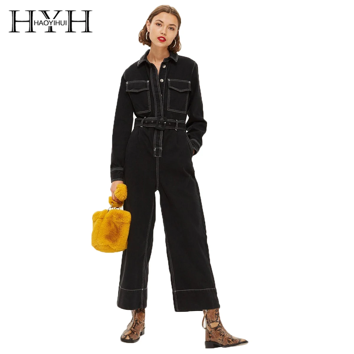 

HYH HAOYIHUI Simple European and American Handsome Locomotive Wind Pressure Line Open Line Tooling Wind Loose Wide Leg Jumpsuit