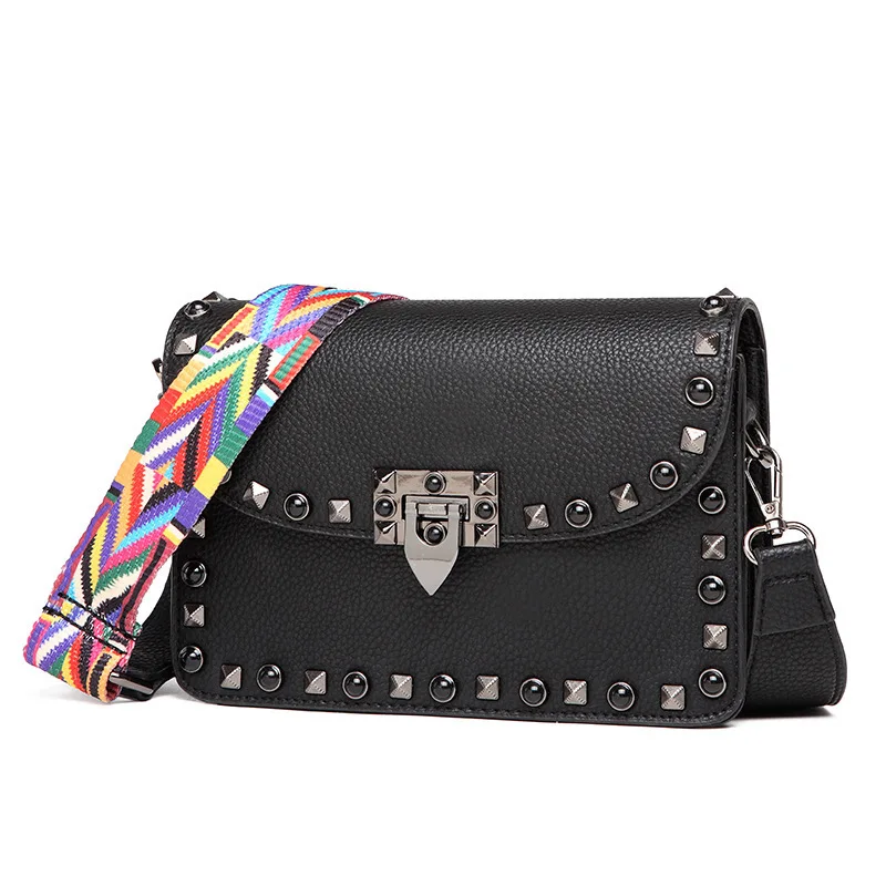 عالية الجودة بو الجلود النساء Crossbody أكياس الأزياء برشام تصميم حقائب كتف اللون حزام حقائب سيدات 2019 بولسا الأنثوية