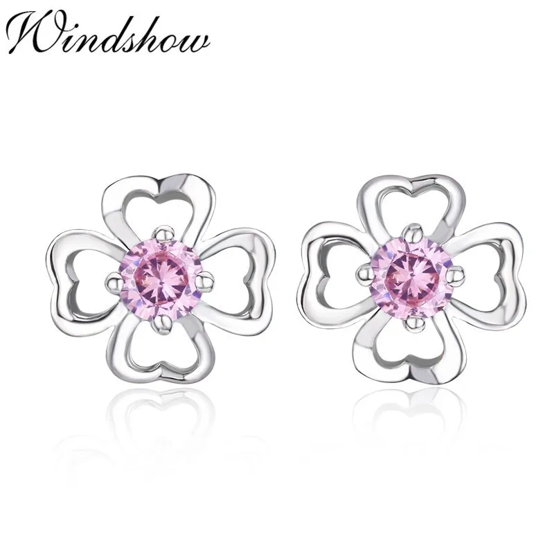 

Cute 925 Sterling Silver Four Heart Petal Clover Pink CZ Stud Earrings For Women Girls Child Kids Jewelry Orecchini Aros Aretes