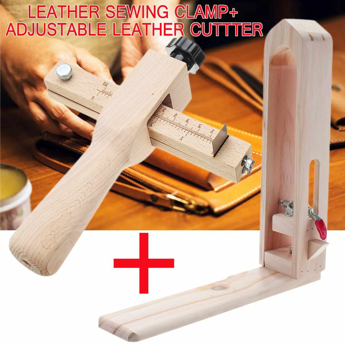

Wood Leather Craft Short Table Desktop Lacing Pony & Sewing Horse DIY Hand Stitching Clamp+Adjustable Leather Strip Cutter