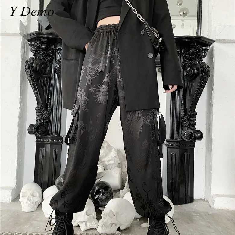 Acheter Harajuku Dragon broderie pantalon Cargo doux femmes poche latérale Rock lâche taille élastique pantalon femme
