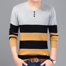 Осенние новые модные мужские свитера повседневная одежда желтый синий серый Stip v-образный вырез облегающий свитер мужской плюс размер M~ 3XL