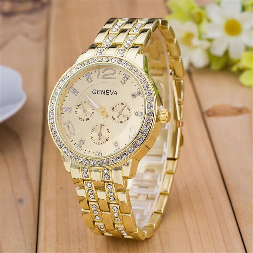 

2019 New Famous Brand Gold Crystal Geneva Casual Quartz Watch Women Stainless Steel Dress Watches Relogio Feminino Men Clock Hot