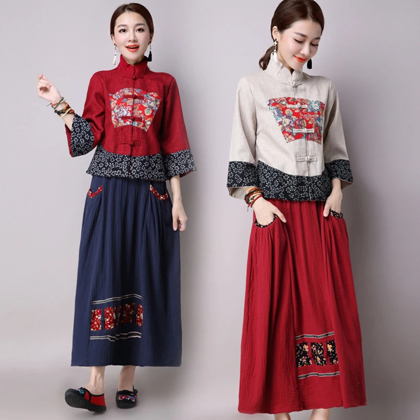 

National Floral Print Cheongsam Chinese Dress for Women Skirt Embroidery Tangsuit Qipao Linen Long Sleeve Dresses Elegant