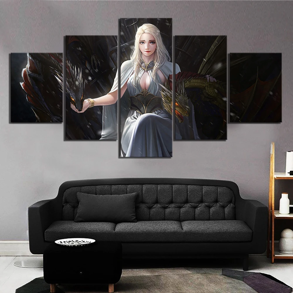 

5 Piece HD Cartoon Pictures Game of Thrones Daenerys Targaryen Poster Dragon Picture Fantasy Art Canvas Paintings for Wall Decor