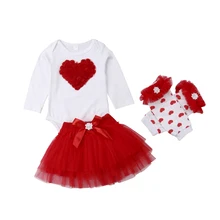 My 1st День святого Валентина для новорожденных девочек и мальчиков принцесса 4 шт. цветочный принт комбинезон+ юбка-пачка+ вязаные гамаши