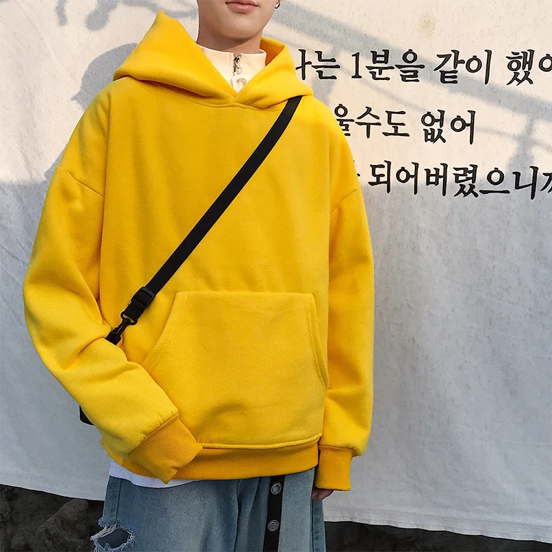 

spring Autumn New Hooded Loose Solid Color Hoodie Lovers Trend Shirt Black Yellow hip hop sweatshirts men Free shipping