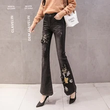 Расклешенные джинсы морщин мыть бархатные толстые джинсы для женщин зимние теплые вышивкой эластичные черные джинсы женские