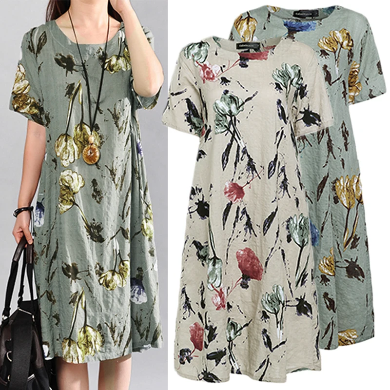 

Plus Size Summer Dress Celmia 2019 Women Vintage Floral Print Midi Dresses Short Sleeve Beach Sundress Casual Loose Vestidos 5XL