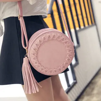 

2019 New Fashion Brand Women's PU Leather Shoulder Bag Messenger Bags Crossbody Hobo Satchel Bag Tassel Round Weave Bag