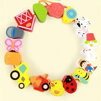 

Wooden Kids Toy Building Block String Beads Piercing Rope Educational Game Children's Urban String Thread Wearing Blocks Beaded
