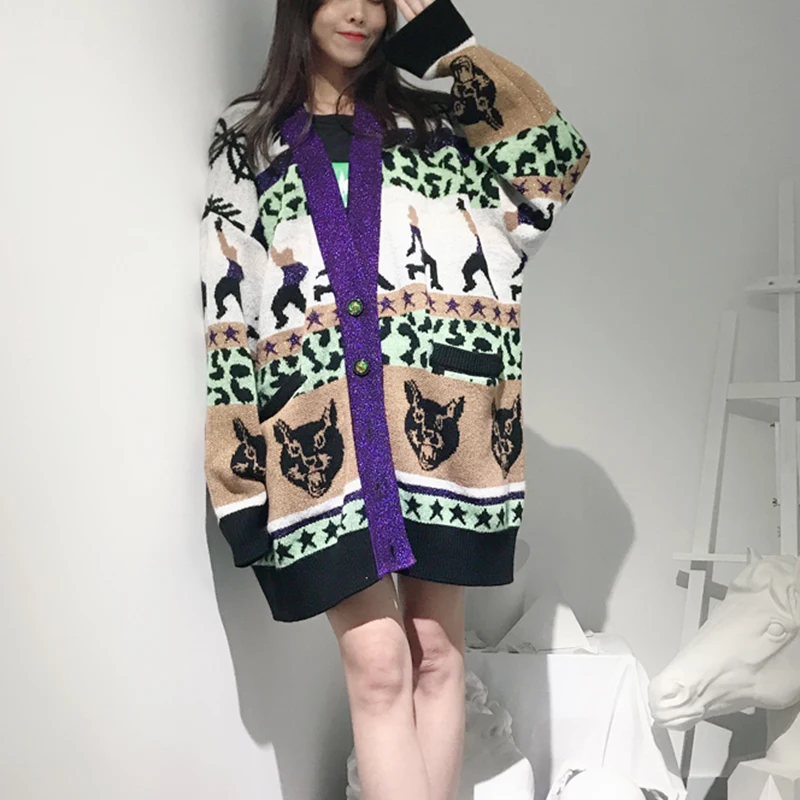 

Jacquard Knit Long Cardigan Sweater 2018 Winter Glitter Small Man leopard Stars Cat Partern Sweater Cardigan Oversized Cardigan