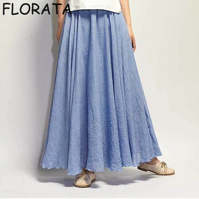 

FLORATA 2019 Women Boho Vintage Summer Skirts Linen Cotton Long Skirts Elastic Waist Pleated Skirts Beach