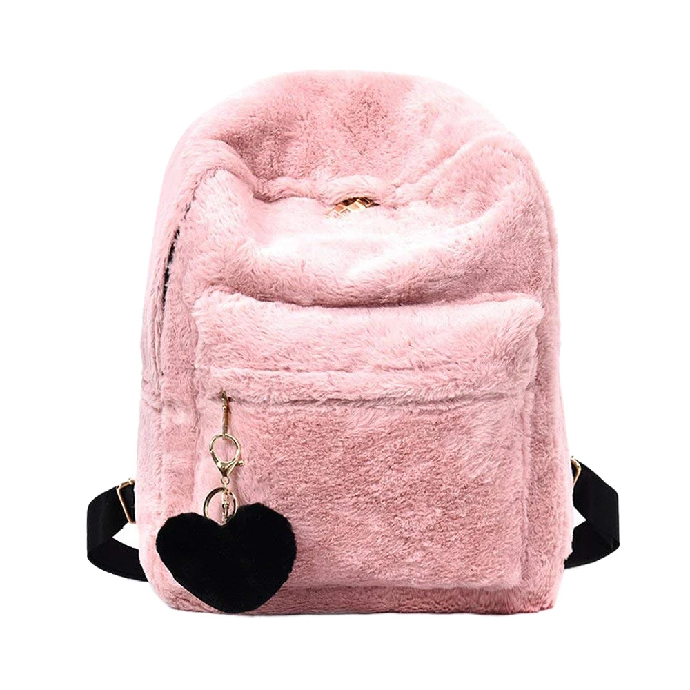 

Fashion Women Soft Faux Fur Plush Backpack Shoulder Bag Fluffy School Bag with Heart Pendant (Pink)