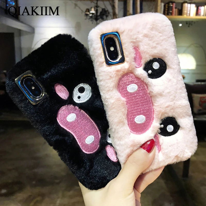 

Funny Cartoon Pig Phone Case For iphone X XS Max XR 7 6 6s 8 8 plus Case Cover Embroidery Fur Fluffy Cute Soft Back Cases Capa
