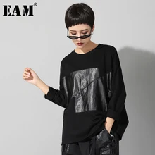 [EAM] Новинка, Осень-зима, круглый вырез, длинный рукав, черный, раздельный, свободный, большой размер, индивидуальная футболка, женская мода, JR574