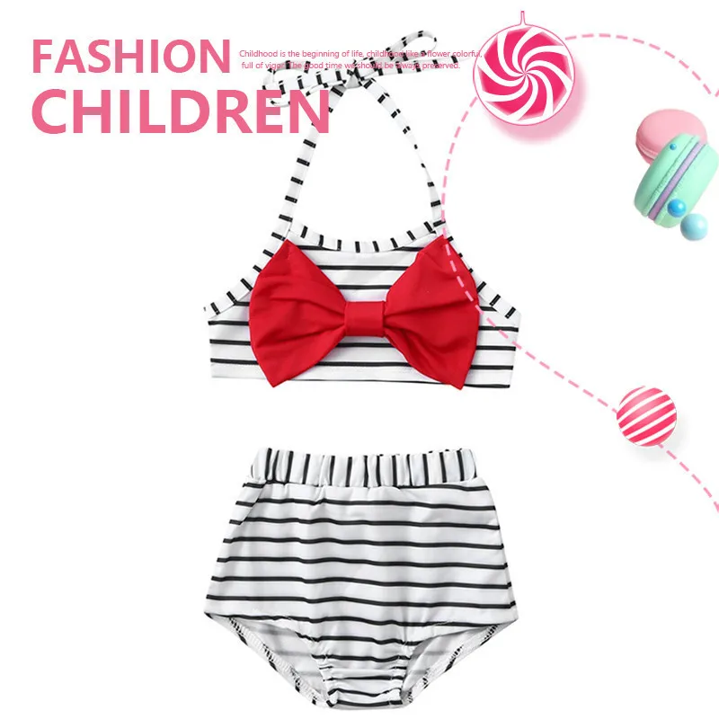 

Hot Summer Newborn Baby Girls Kids Swimsuit Swimwear Striped Halter High Waist Bathing Suit Bikini Beachwear