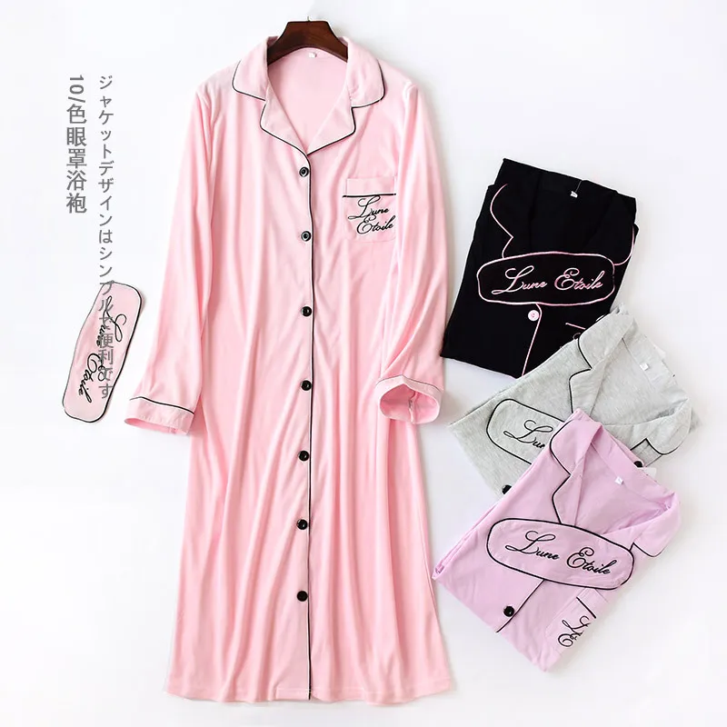 

Spring Womens Robes Sleepwear Cotton Long Nightgown Letter Embroidery Knitted Solid Dressing Gown Bathrobe Batas De Dormir Mujer