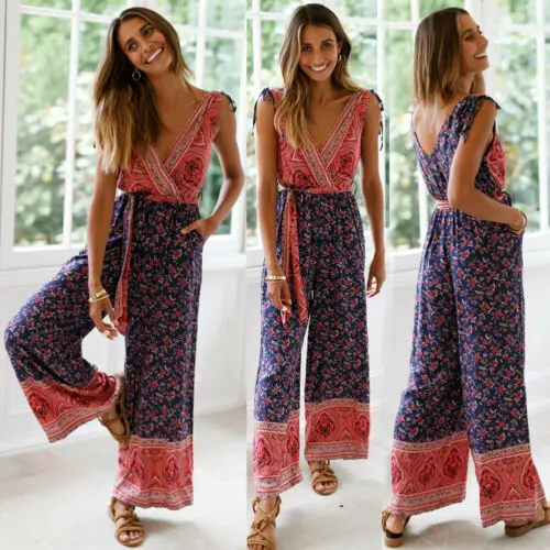 

Summer Women Floral V-Neck Playsuit Bodycon Party Boho Style Lace up Waisted Jumpsuit Rompe Clubwear Wide Leg Trousers