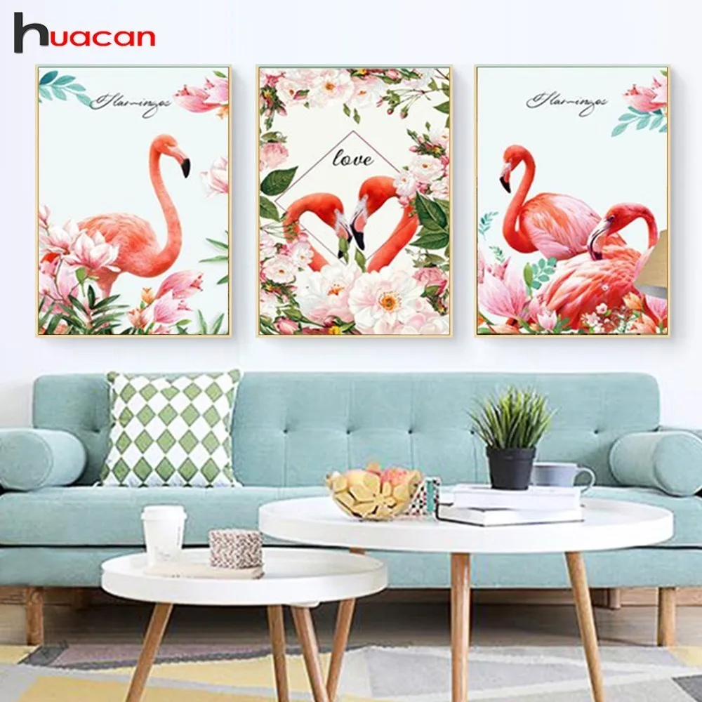 

Huacan 3pcs Triptych Diamond Painting Flamingo Full Square Diamond Embroidery Cross Stitch Animal Rhinestone Diamond Mosaic Gift