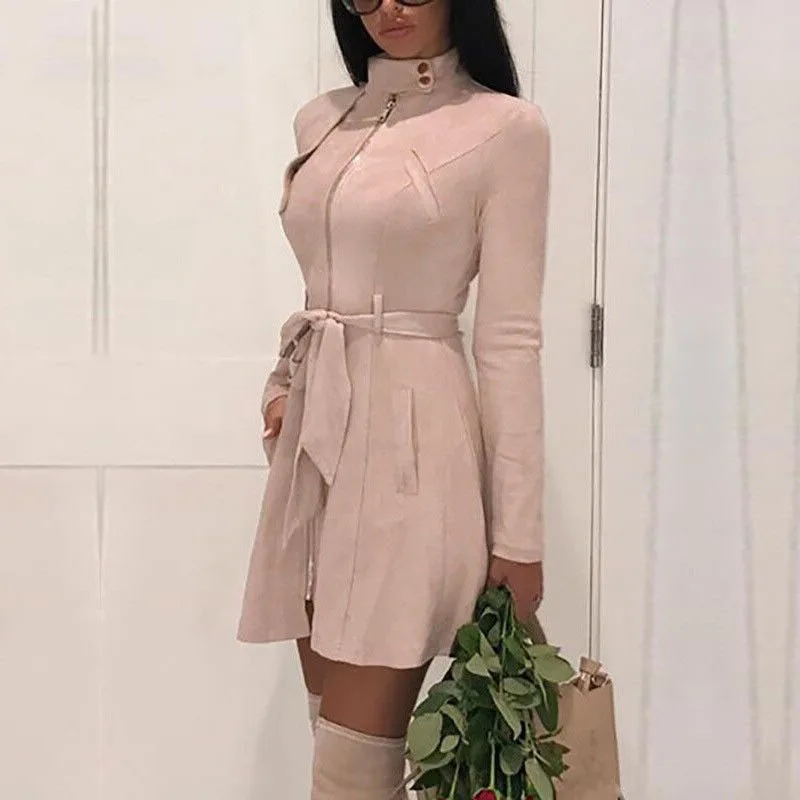2019 Autumn Office Lady Slim High Waist Sashes Coat Solid Suede Leather Jacket Women Coat Slim Trench Coat Outwear Tops