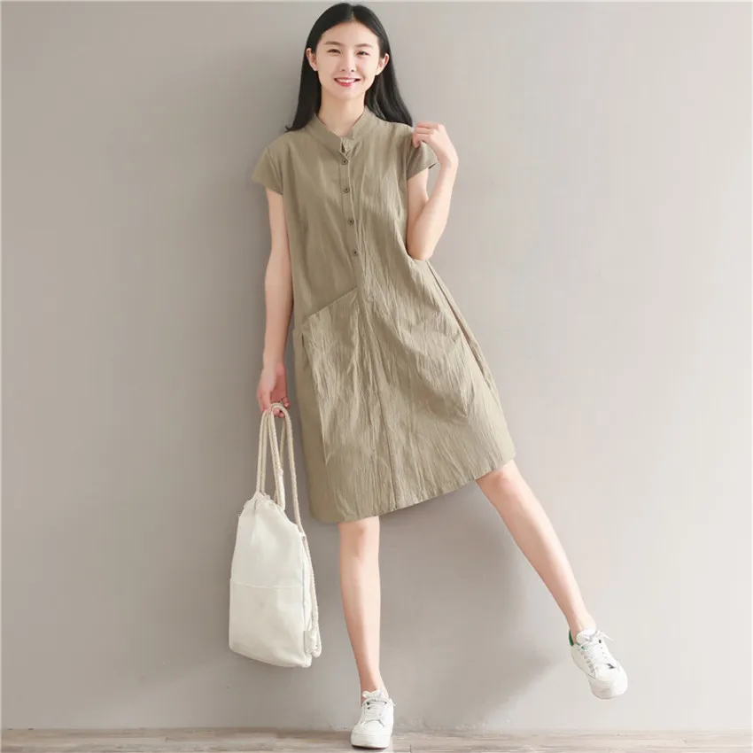 

Women Summer Dresses Vintage Stand Collar Short Sleeve Dress Solid Color Button Dress Vestidos Femininos 2019