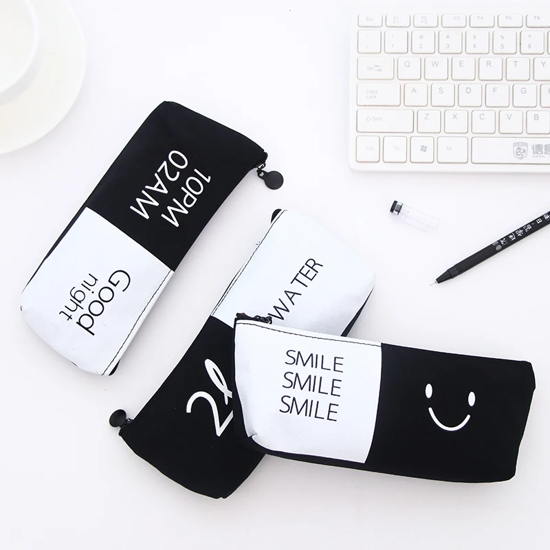 

1 PC Creative Canvas School Pencil Case Black White Word Farbic Pen Bag Box Pouch Cases For Gift Stationary Supplies 04944