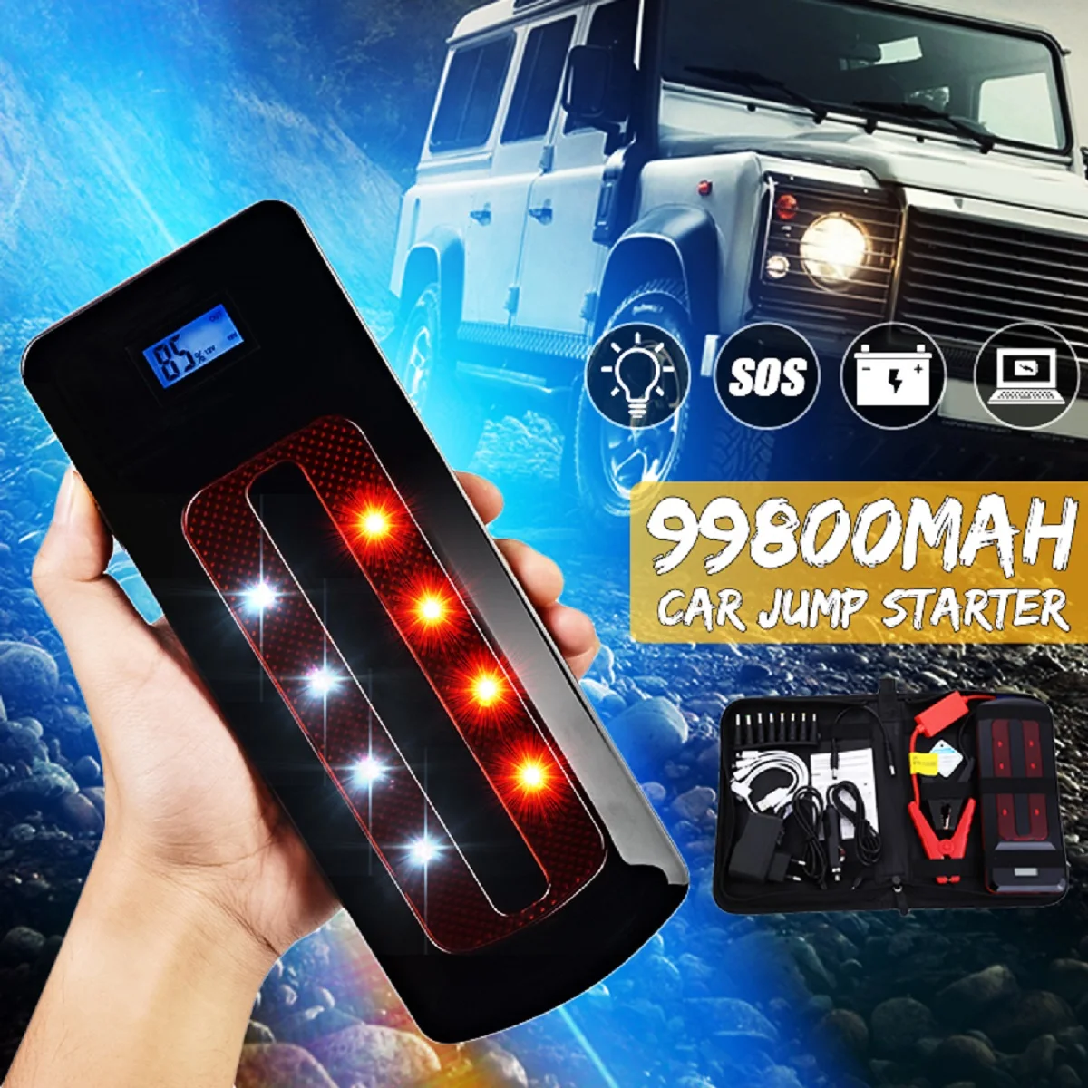 

Portable 99800mAh 12V Emergency Battery Charger Car Jump Starter Smart Clip Power Bank Starting Light Bar US/UK/AU/EU