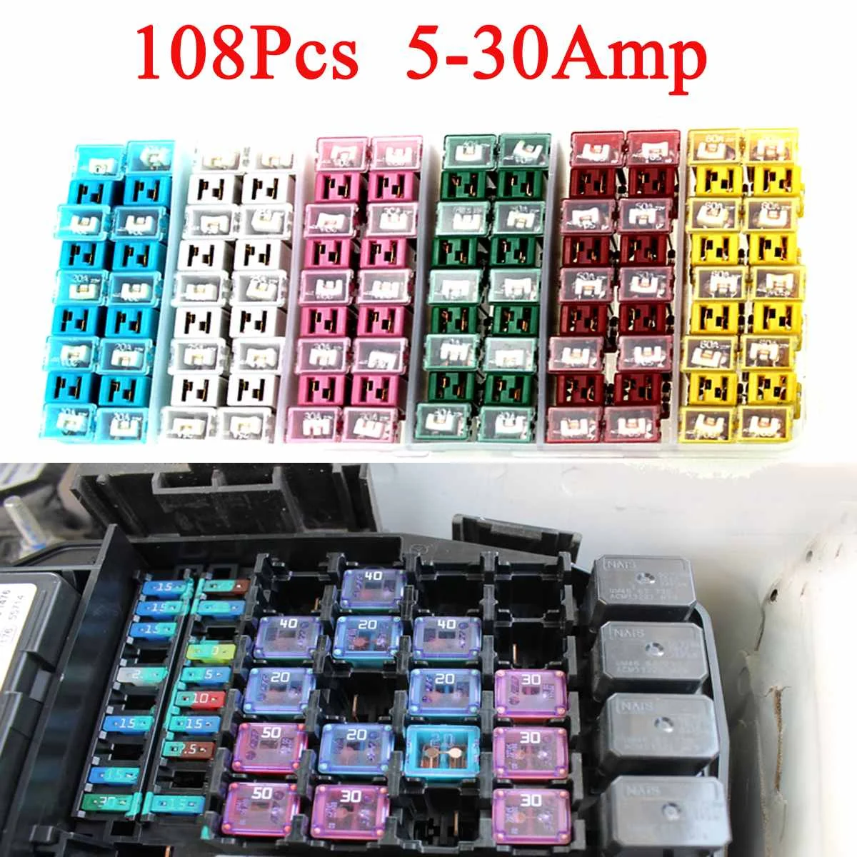 108pcs Car Fuses Set With Box Japanese Auto Fuse 20/25/30/40/50/60a Pal