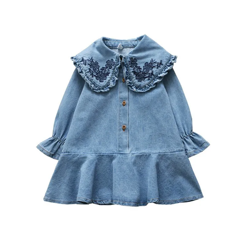 

girl dress spring long sleeve girl school dress embroidery denim fashion baby girl clothes princess party