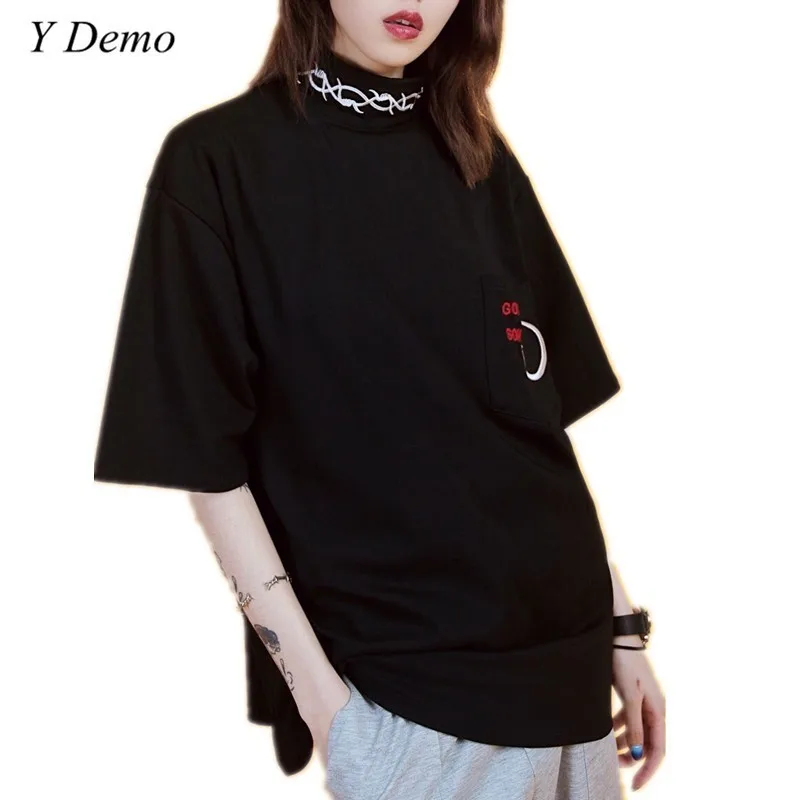 

Summer Thorns Embroidery Collar Short Sleeve Women Loose T-shirt Harajuku Turtleneck Cotton Tee