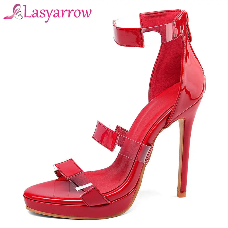

Lasyarrow Ankle Strap High Heel Sandals Women Transparent Shoes Woman sandalias Patent Leather Summer Gladiator Party Sandals