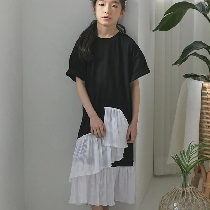 

Teenage Clothes Toddler Girl Dresses 2019 Black White Patchwork Maxi Long Girls Dress Casual Children Summer Dresses Clothing