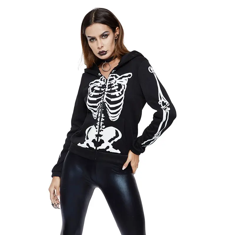 skeleton print zipper hoodie