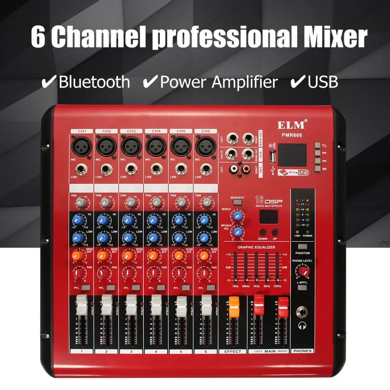 

6 Channel bluetooth USB Microphone Sound Audio Mixer Console Karaoke Mixing Amplifier 48V Phantom Power
