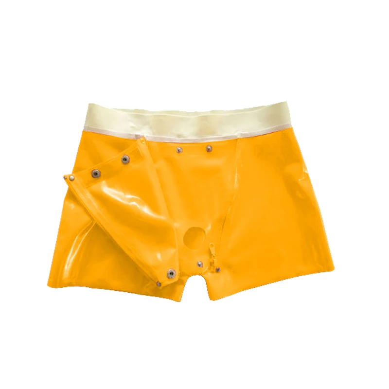 

Latex 100% Rubber Men White Waist and Yellow Boxer Shorts With Button Handsome 0.4mm Latex