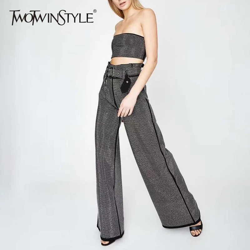 

TWOTWINSTYLE Heavy Diamonds Patchwork Two Piece Sets Female Strapless Crop Tops High Waist Wide Leg Pants Womens Suit 2019 Tide