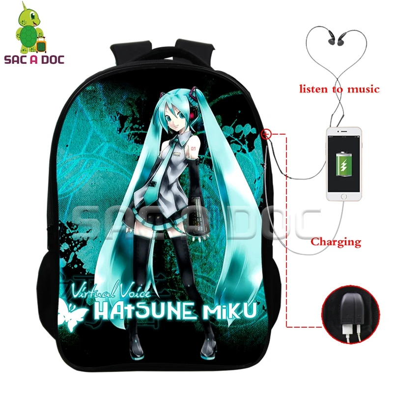 

VOCALOID Hatsune Miku Backpack Multifunction USB Charging Headphone Jack Laptop Bags for Teenagers Boys Girls Cosplay Schoolbags