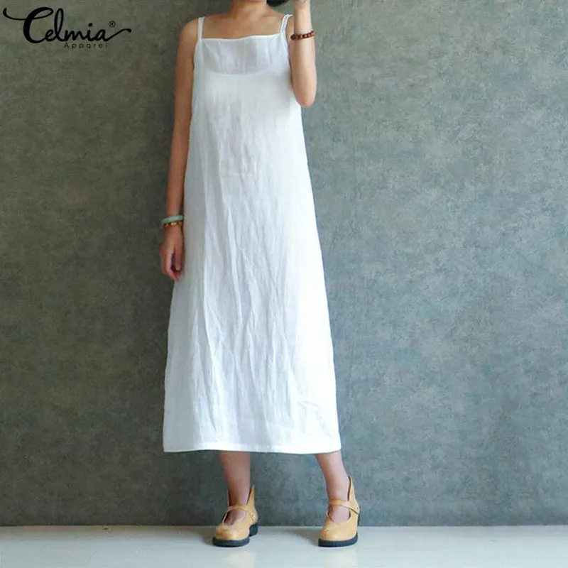 

Celmia Oversized S-5XL Sexy Spaghetti Strap White Dress Women Summer Sleeveless Casual Bohemian Beach Long Shirt Vestidos Femme