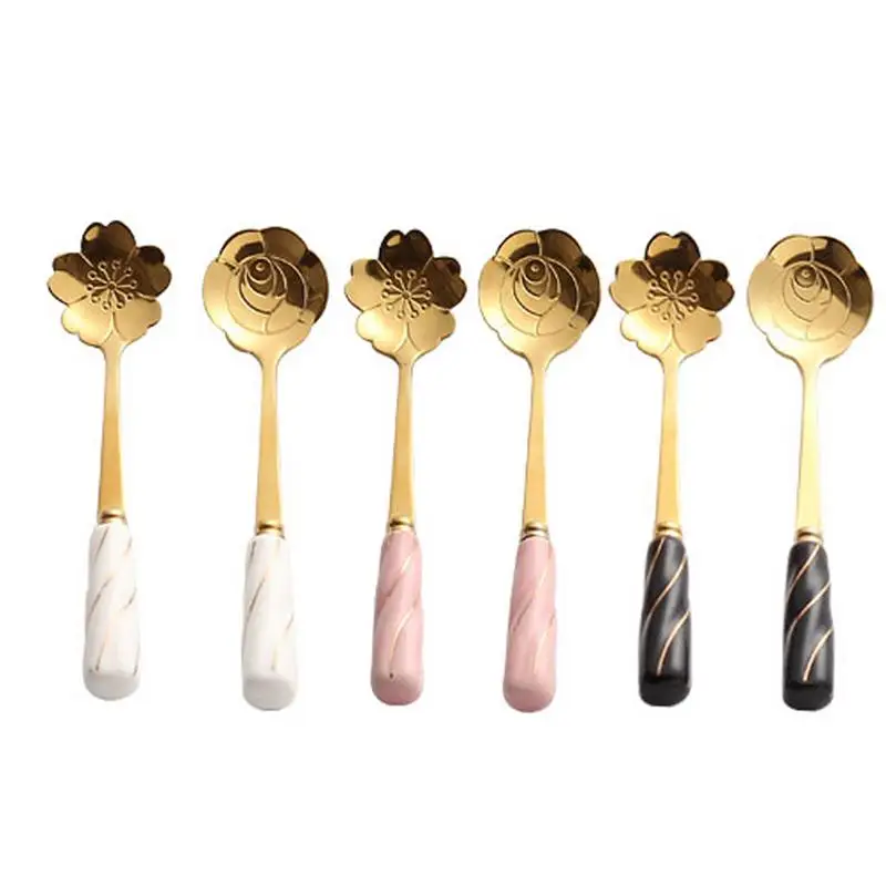 

Fashion Tableware Coffee Stirring Spoon Flower Scoop Stainless Steel Gold Plated Cherry Rose Spoons Candy Teaspoon Accessories