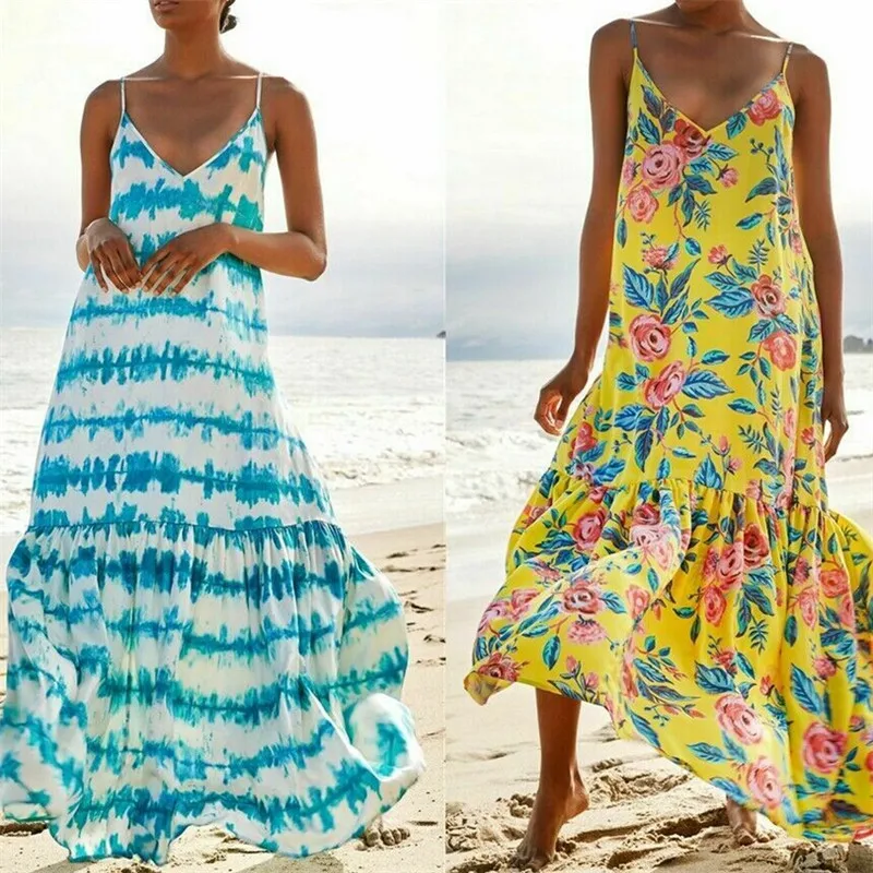 

Women Summer Dress 2019 Fashion Boho Floral Printed Sundress Spaghetti Strap Dresses Holiday Beach Party Long Maxi Dress Newest