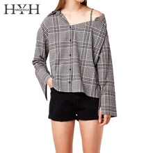 HYH HAOYIHUI Sexy one-shoulder suspender shirt with open collar and retro Plaid pattern, single-row buttoned Long Sleeve Shirt HYH HAOYIHUI Sexy one-shoulder suspender shirt with open collar and retro Plaid pattern, single-row buttoned Long Sleeve Shirt