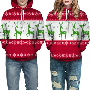 

Christmas Reindeer Print Casual Hooded Long Sleeve Men Women Sweatshirt Hoodies Wholesale