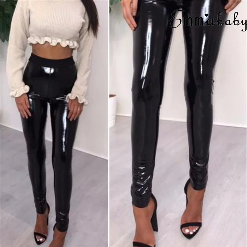 

2019 Ladies Women Shiny High Waist Wet Look Skinny Disco Vinyl Pencil Leggings PU Leather Leggings Stretch Trousers Women