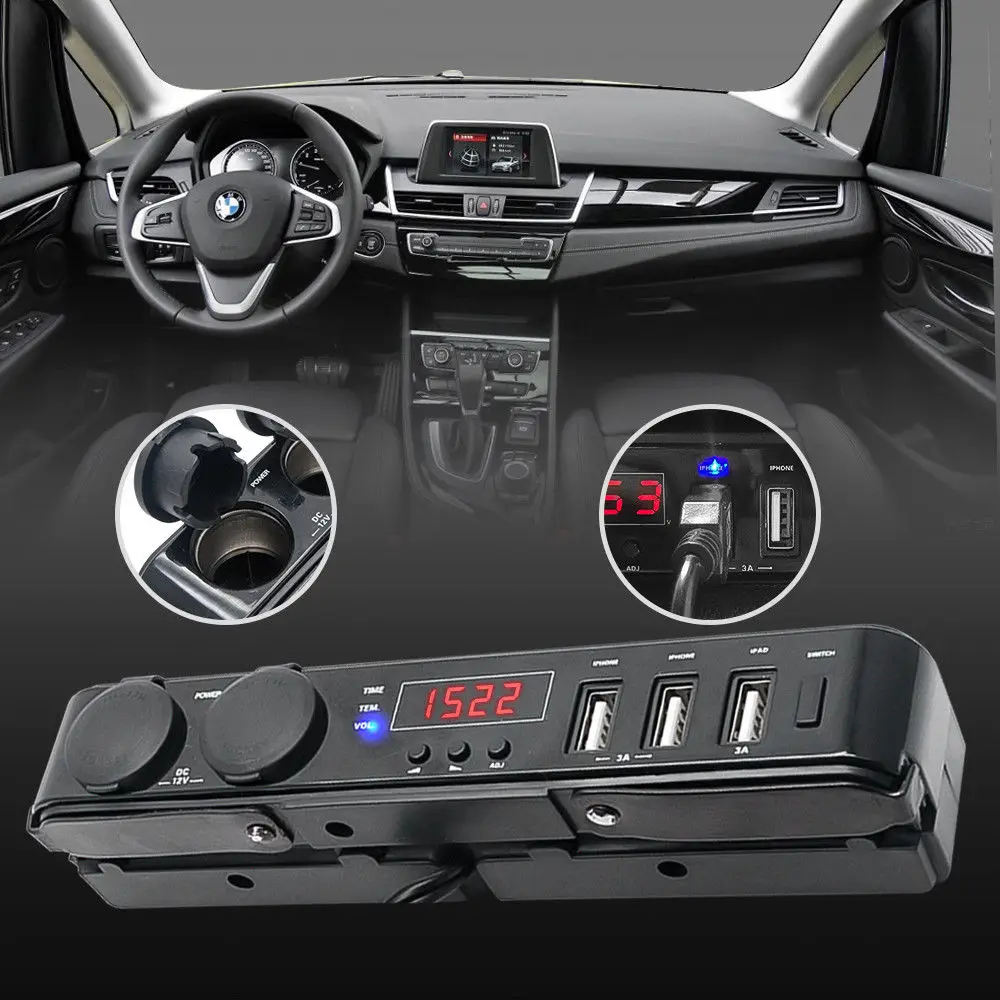 

Multi-function Car USB Charger Cigarette Lighter Socket +Thermometer +Voltmeter
