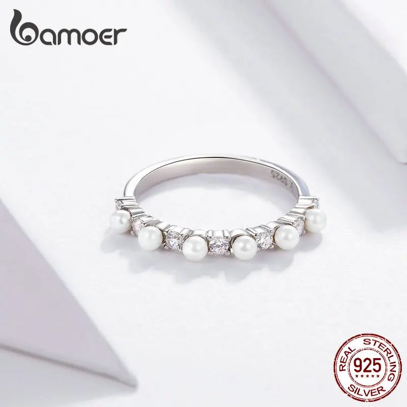 BAMOER, жемчужное стекируемое кольцо для женщин, белая раковина, перламутровое кольцо на палец, Стерлинговое серебро 925, элегантное свадебное ювелирное изделие BSR039