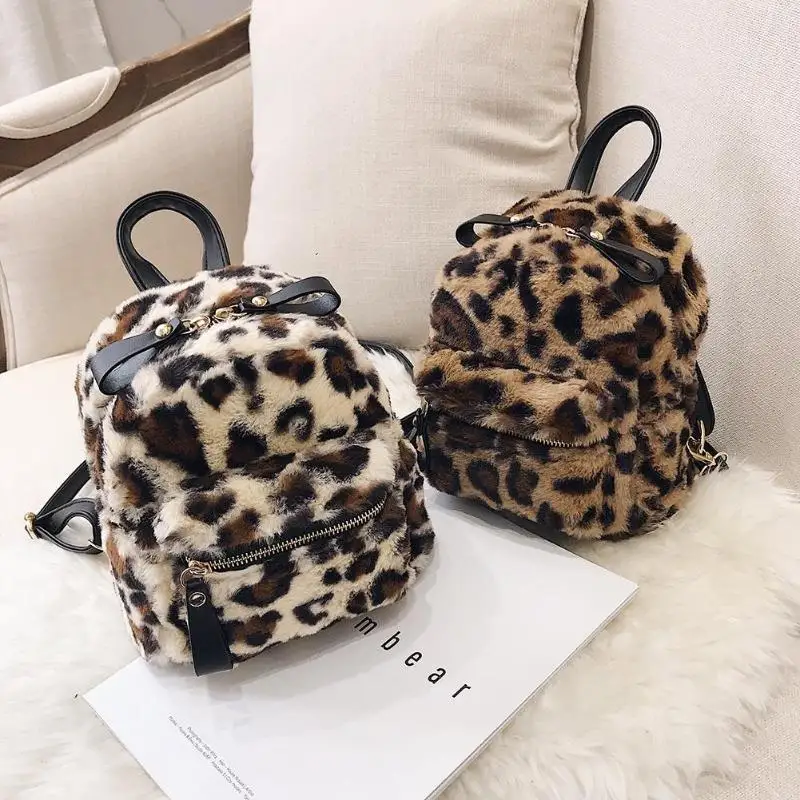 

2018 New Preppy Style Faux Fur Backpack Bag Women Girls School Backpack Leopard Print Shoulder Mini Rucksack Mochila Feminina