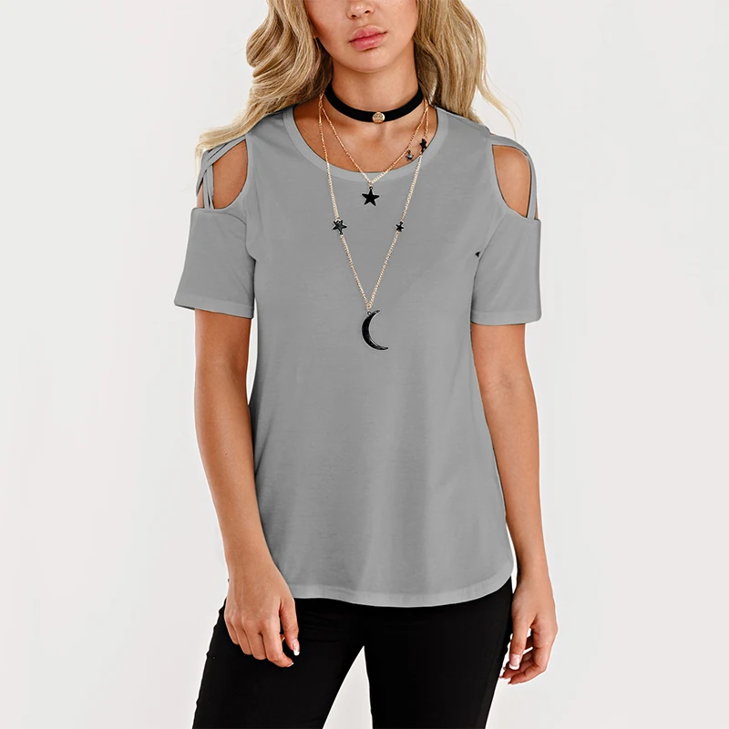 

Sexy Cold Shoulder T-Shirts Women 2019 Summer Casual Loose Solid Hollow Out Round Neck Short Sleeve Cotton Female Tops Tees 2XL